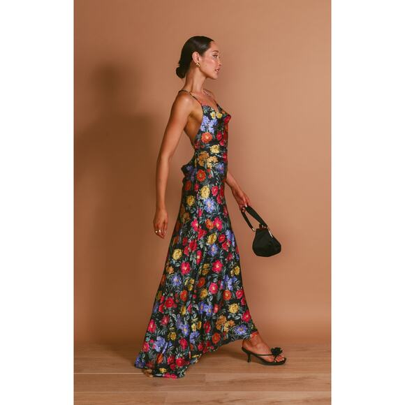 Show Me Your Mumu Hailey Slip Dress in Charm Peony Black Luxe Satin L - Picture 8 of 8